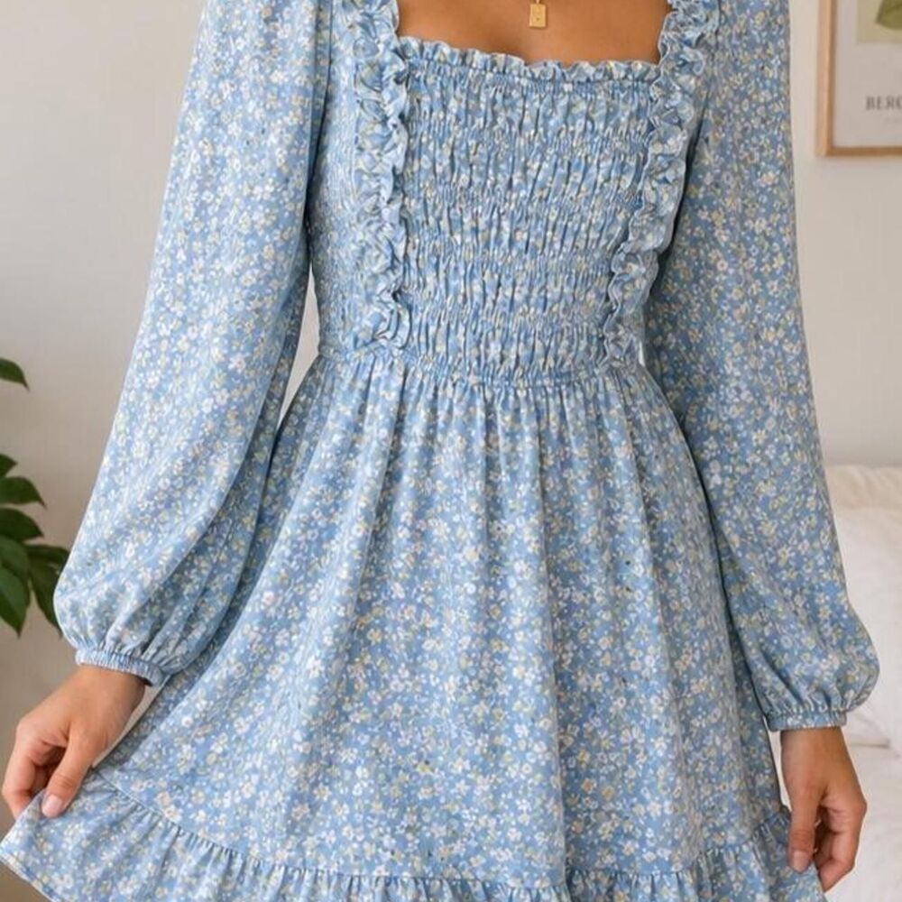 Sienna Sky Blue Floral Smocked Mini Dress Cottagecore XS